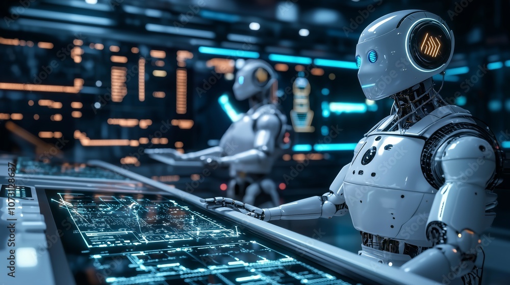 Futuristic Control Panel Displaying Advanced Technology with Glowing Interfaces, Featuring Robots Engaged in Data Analysis in a High-Tech Environment Futuristic Control Panel Displaying Advanced Technology with Glowing Interfaces, Featuring Robots Engaged in Data Analysis in a High-Tech Environment