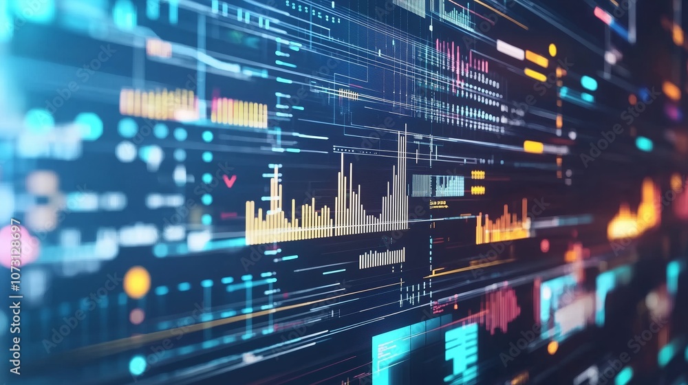 Close-Up of Futuristic Data Analysis Software Displaying Colorful Graphs and Metrics in a Digital Environment for Technology and Innovation Concepts Close-Up of Futuristic Data Analysis Software Displaying Colorful Graphs and Metrics in a Digital Environment for Technology and Innovation Concepts