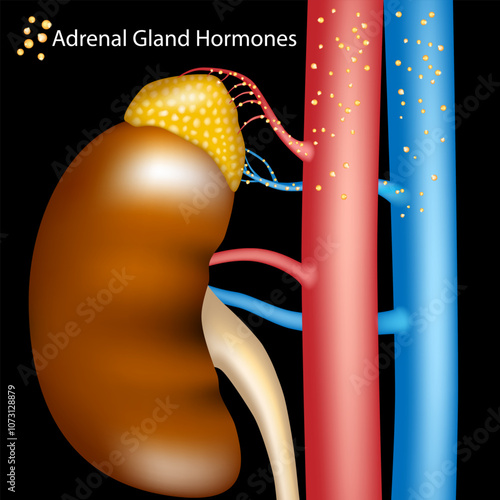 Adrenal Gland Hormones floating in blood vessels. The process of secreting hormones by the adrenal glands. Human kidney medical illustration 