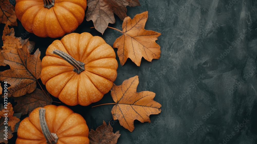 Vibrant orange pumpkins and autumn leaves create warm, festive atmosphere perfect for Thanksgiving celebrations. rich colors evoke feelings of harvest and gratitude Vibrant orange pumpkins and autumn leaves create warm, festive atmosphere perfect for Thanksgiving celebrations. rich colors evoke feelings of harvest and gratitude