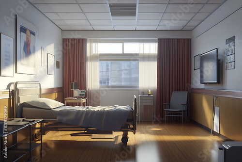 A sterile hospital room with a single bed, medical equipment, and windows overlooking trees.