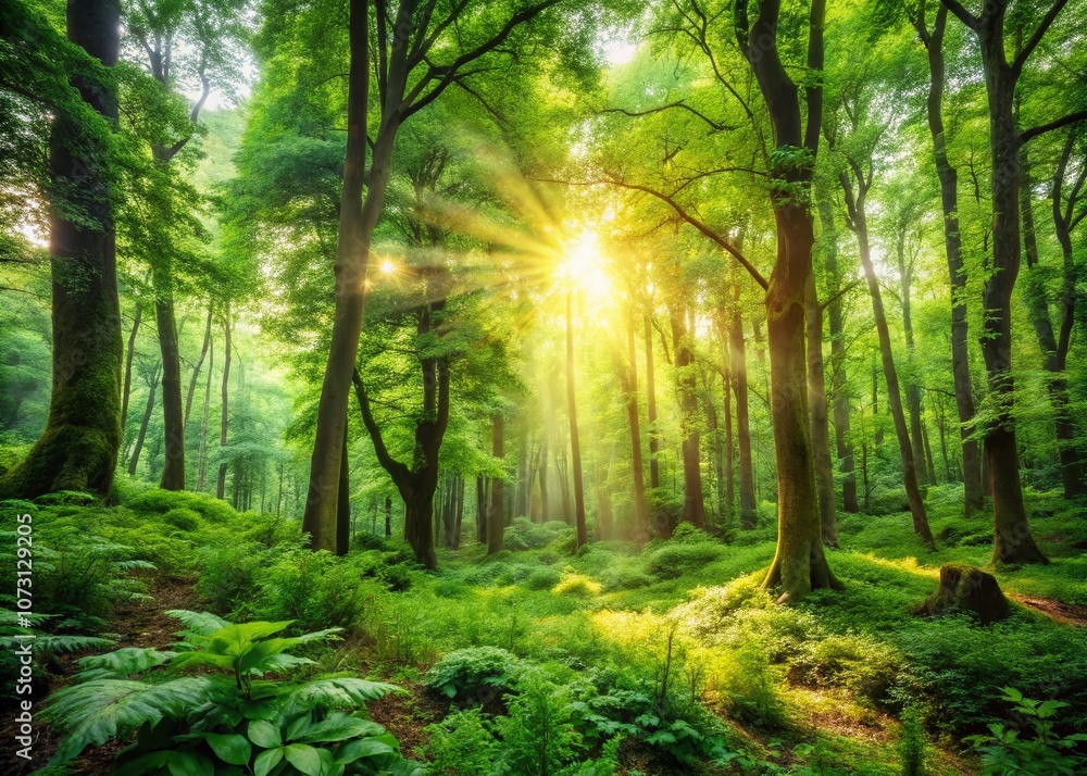 Obraz premium Tranquil Lush Green Forest: A Serene Retreat Surrounded by Abundant Trees and Verdant Plants, Perfect for Nature Lovers Seeking Peace and Calm in a Healthy Environment