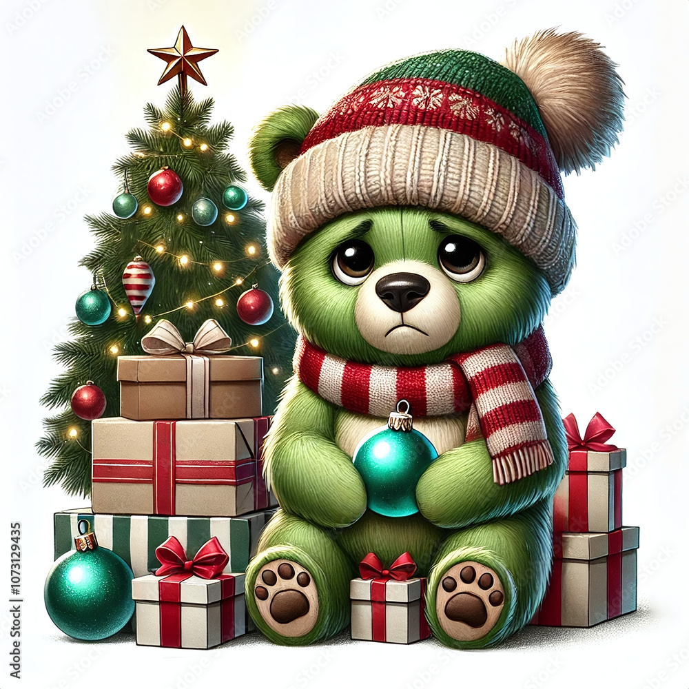 A green grumpy teddy bear in a Santa hat and scarf holding a Christmas ornament.
A cute animal in a winter style, surrounded by Christmas gifts A green grumpy teddy bear in a Santa hat and scarf holding a Christmas ornament.
A cute animal in a winter style, surrounded by Christmas gifts