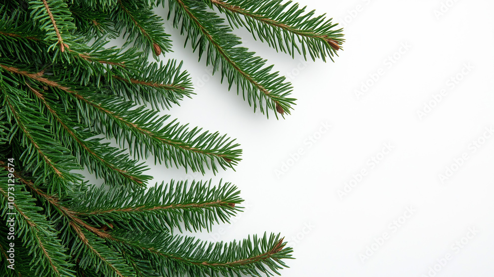 Fir tree branches isolated on a white background, top view. Christmas green pine branches Fir tree branches isolated on a white background, top view. Christmas green pine branches