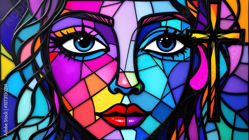 Digital cubism art human face portrait with colorful abstract design artwork contemporary