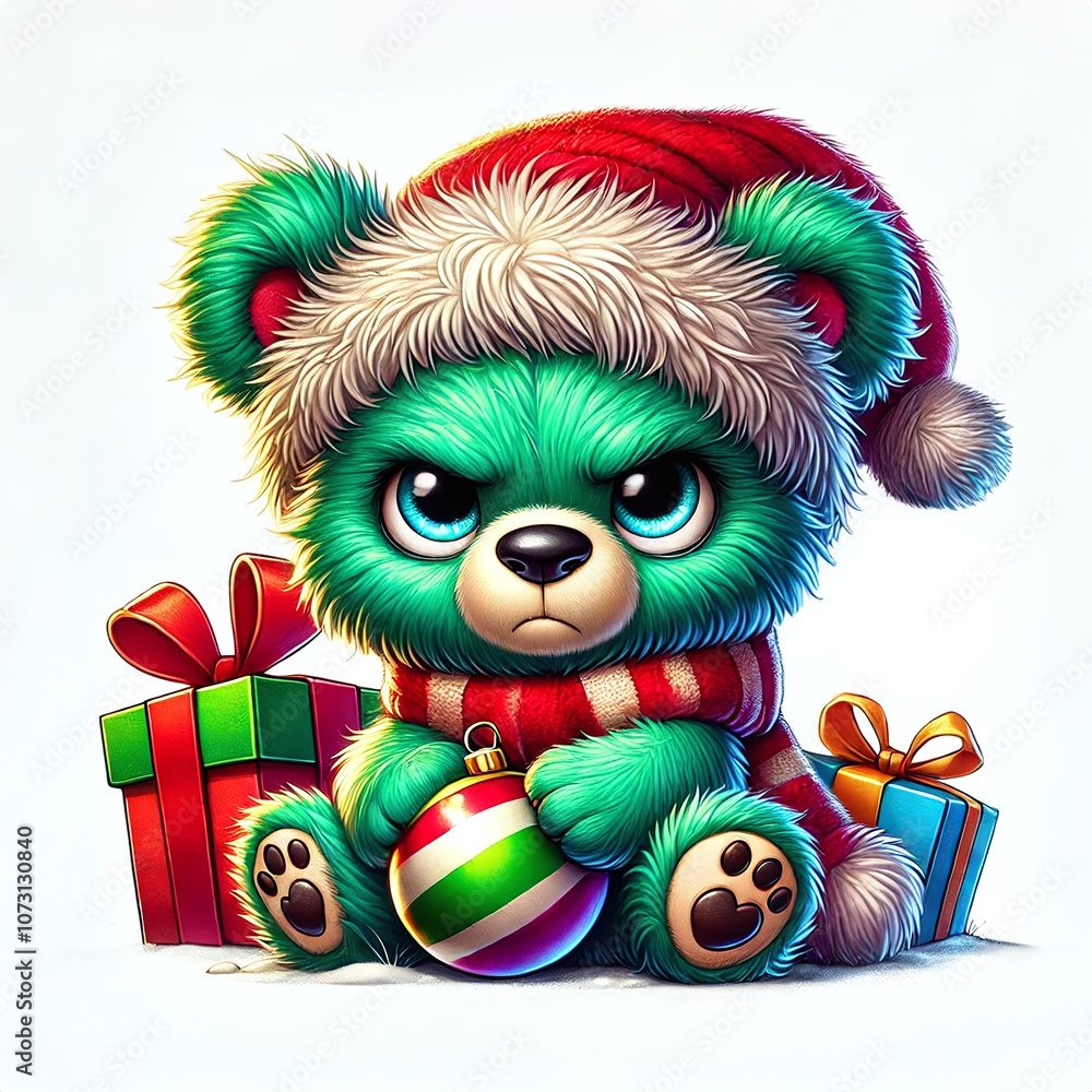 A green grumpy teddy bear in a Santa hat and scarf holding a Christmas ornament.
A cute animal in a winter style, surrounded by Christmas gifts A green grumpy teddy bear in a Santa hat and scarf holding a Christmas ornament.
A cute animal in a winter style, surrounded by Christmas gifts