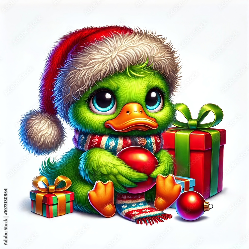 A green grumpy duck in a Santa hat and scarf holding a Christmas ornament.
A cute animal in a winter style, surrounded by Christmas gifts A green grumpy duck in a Santa hat and scarf holding a Christmas ornament.
A cute animal in a winter style, surrounded by Christmas gifts