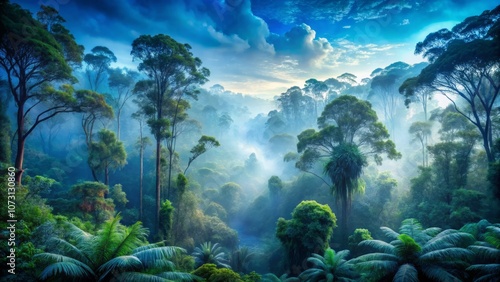 Serene Australian Rainforest at Dawn: A Dreamy Vision of Blue Mist and Lush Flora for Environmental Awareness and Ecotourism Promotion photo