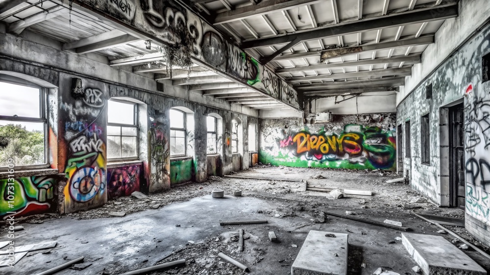 Fototapeta premium Urban Exploration Photography of Abandoned Buildings with Graffiti and Urban Decay Themes in a Captivating Atmosphere for Art and Photography Lovers