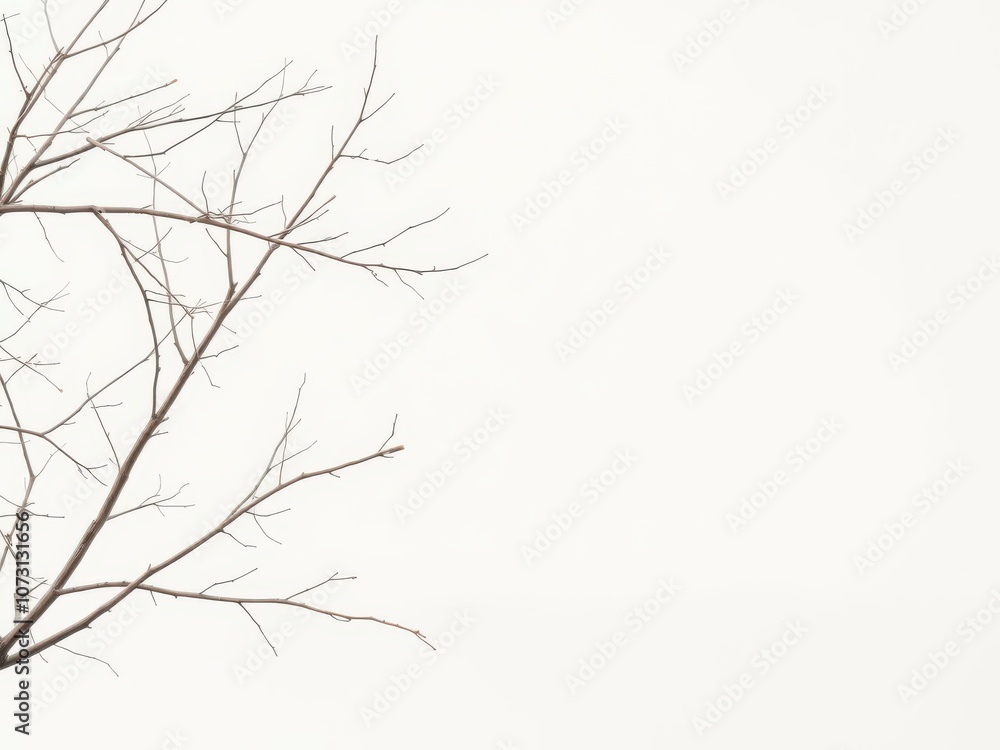 Obraz premium Sparse, delicate bare tree branches against a pale white backdrop, peaceful