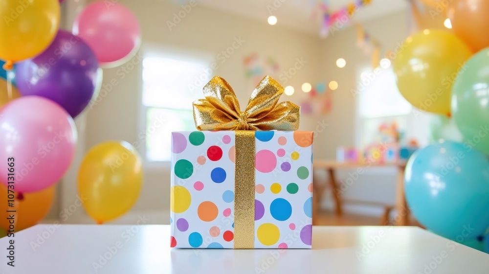 A colorful polka dot gift box with a gold ribbon sits on a white table, surrounded by balloons. A colorful polka dot gift box with a gold ribbon sits on a white table, surrounded by balloons.