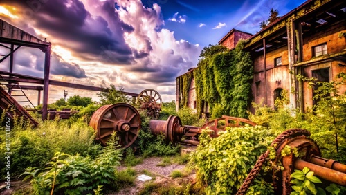 Urban Exploration Photography of Abandoned Industrial Sites with Rusty Machinery and Overgrown Vegetation in a Post-Apocalyptic Setting