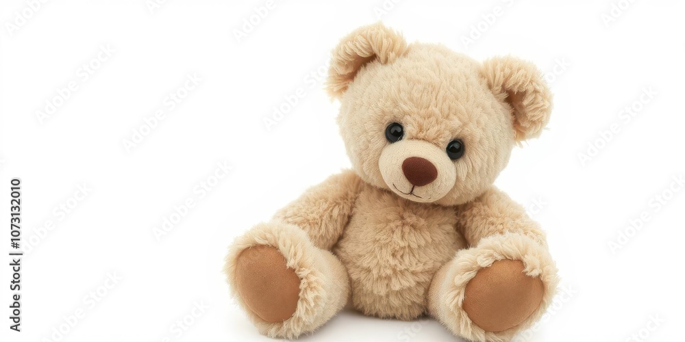 Obraz premium Toy teddy bear isolated on white background with fluffy fur and black button eyes, toy