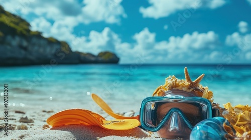 Snorkeling gear on a sandy beach with clear blue water and a tropical island in the background. photo