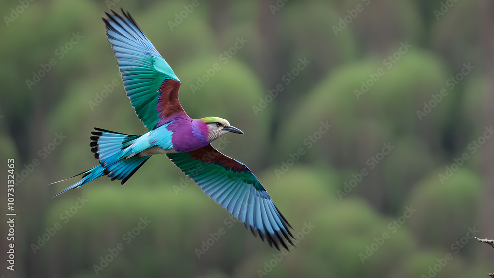 Fototapeta premium Lilac breasted roller flying over the forest, AI Generated