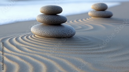 Serene beach scene with stacked stones and gentle waves in the background