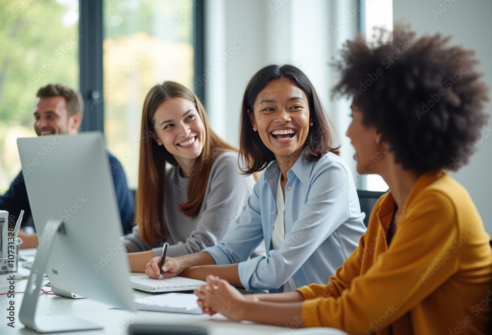 Team collaboration in modern office with smiling colleagues focused on work