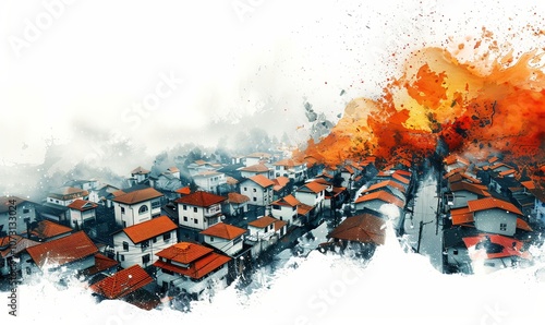 A tranquil town turned chaotic as a massive natural disaster unfolds, with fiery explosions engulfing rooftops and smoke billowing into the sky, showcasing nature's raw power