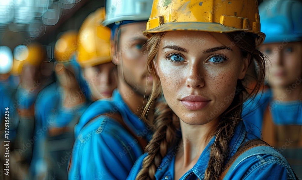 A diverse group of construction workers proudly stands together on the site, showcasing their strength and teamwork while wearing hard hats and blue work attire A diverse group of construction workers proudly stands together on the site, showcasing their strength and teamwork while wearing hard hats and blue work attire