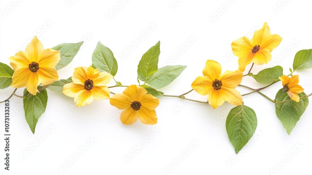 Naklejka premium Yellow blooming flowers with green leaves on white background