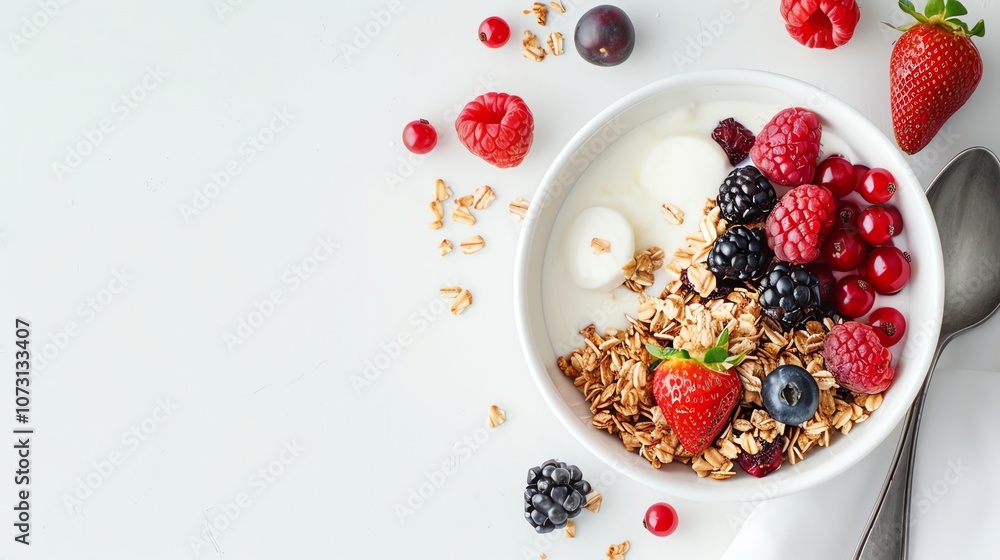 A bowl of granola, yogurt, and fresh fruit. A bowl of granola, yogurt, and fresh fruit.