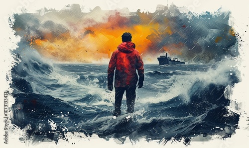 Amidst a relentless storm, a seaman surveys the chaotic sea from the deck of a tanker. Dramatic clouds swirl with vibrant hues, highlighting the struggle against nature's fury photo