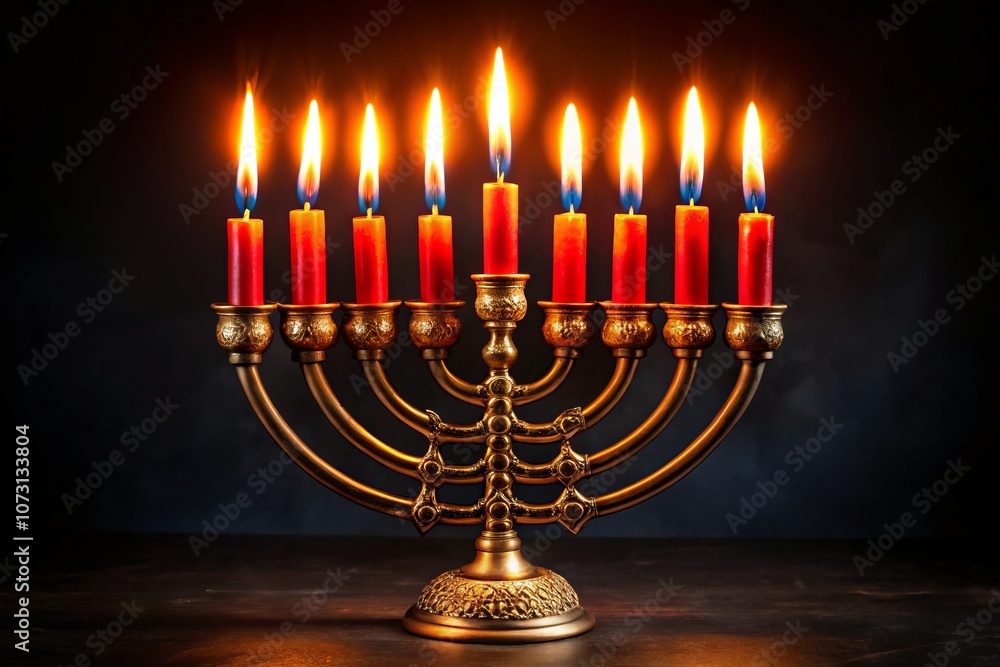 Traditional Hanukkah Candelabrum with Burning Candles on Black Background Celebrating Jewish Holiday in a Beautifully Styled Banner Format for Religious Significance Traditional Hanukkah Candelabrum with Burning Candles on Black Background Celebrating Jewish Holiday in a Beautifully Styled Banner Format for Religious Significance