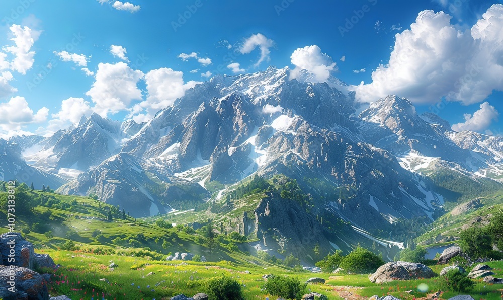 Above the stunning Dolomites, a vibrant mountain landscape unfolds, adorned with lush greenery and majestic peaks, illuminated by the warmth of a sunny day Above the stunning Dolomites, a vibrant mountain landscape unfolds, adorned with lush greenery and majestic peaks, illuminated by the warmth of a sunny day