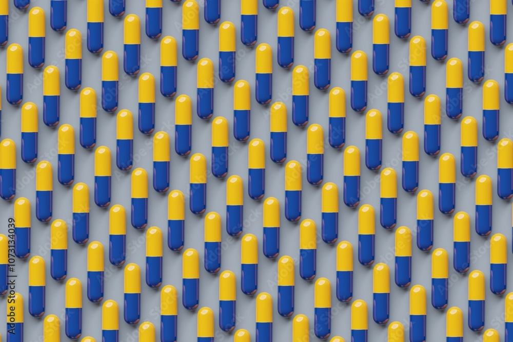 Many blue and yellow pills on slate gray background. Top flat view, order. 3d render, illustration Many blue and yellow pills on slate gray background. Top flat view, order. 3d render, illustration