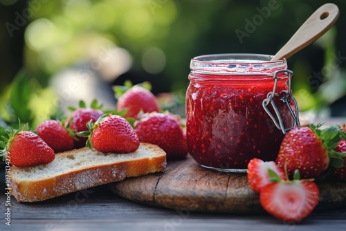 Strawberry Jam and Fresh Bread on a Wooden Table photo