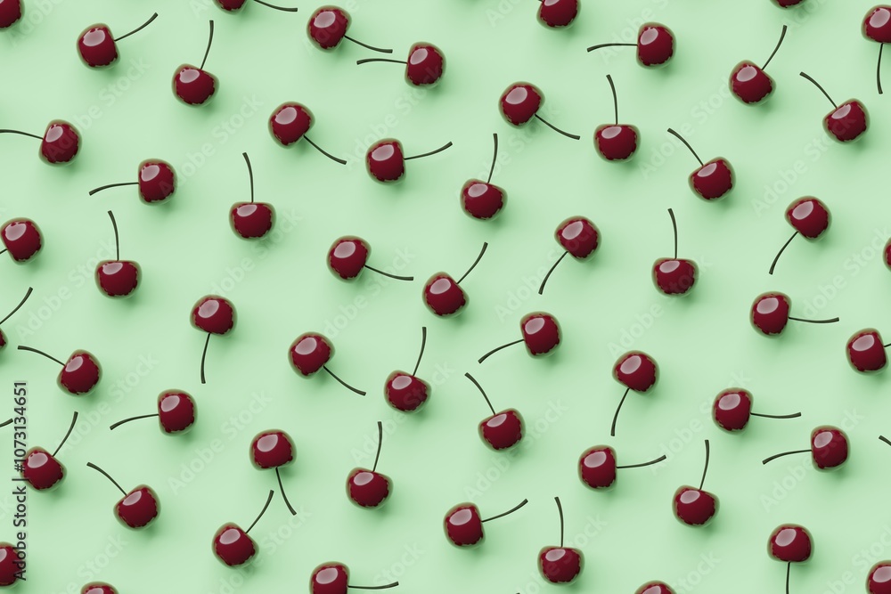Many cherries on light green background. Top flat view, ordered. 3d render, illustration Many cherries on light green background. Top flat view, ordered. 3d render, illustration