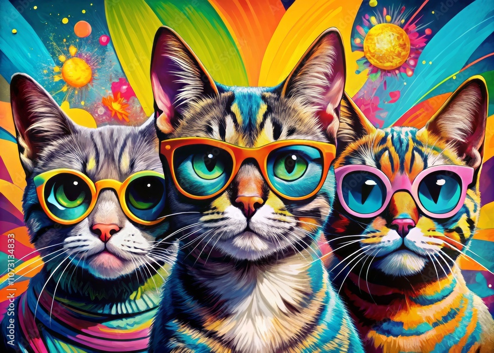 Vibrant Pop Art Illustration of Stylish Cats in Sunglasses with Colorful Background Perfect for Trendy Home Decor and Modern Art Lovers Vibrant Pop Art Illustration of Stylish Cats in Sunglasses with Colorful Background Perfect for Trendy Home Decor and Modern Art Lovers