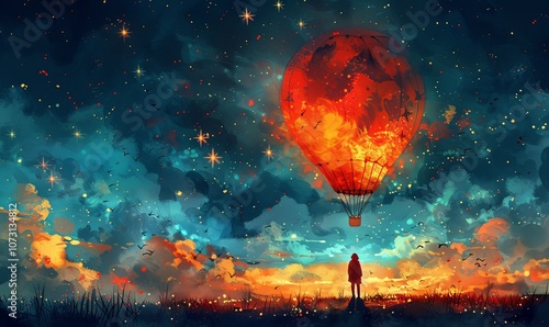 A charming bear drifts through the night sky in a colorful hot air balloon, lost in dreams of shimmering stars and vibrant clouds, capturing the magic of imagination and wonder