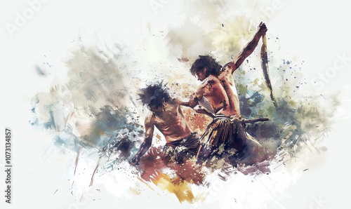 In a vivid watercolor illustration, Cain confronts Abel in a moment of intense emotion, highlighting jealousy and the consequences of their actions rooted in a biblical tale
