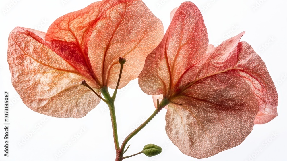 Fototapeta premium Delicate pink and orange transparent bougainvillea blooms on white background
