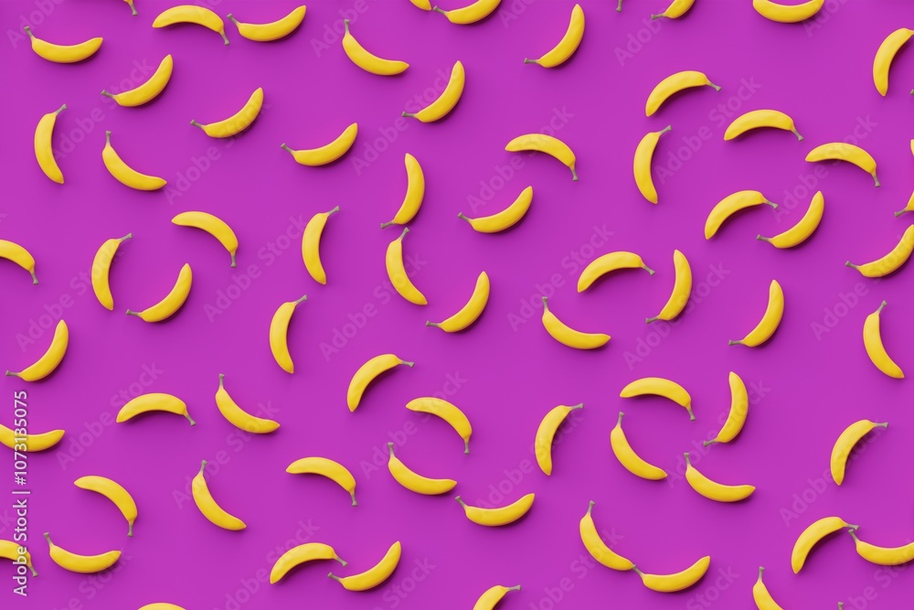 Many bananas on purple background. Top flat view, disorder. 3d render, illustration Many bananas on purple background. Top flat view, disorder. 3d render, illustration