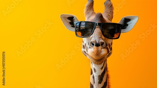 giraffe wearing sunglasses on a yellow color background, vector art, digital art, faceted, minimal, abstract, panorama background. Generative AI.