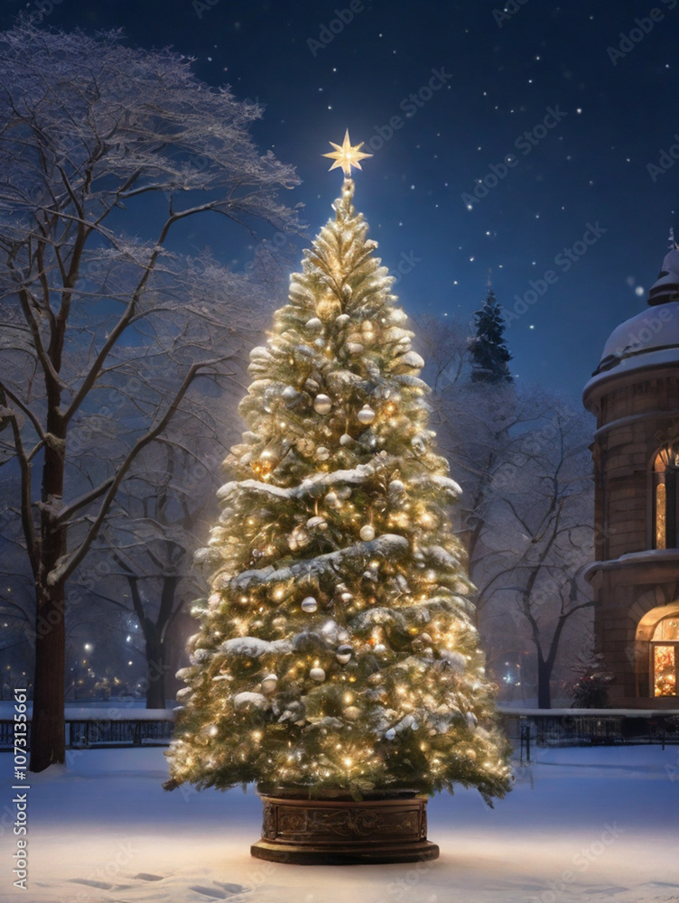 Fototapeta premium Beautiful festive decorated Christmas tree on the city street during winter night 