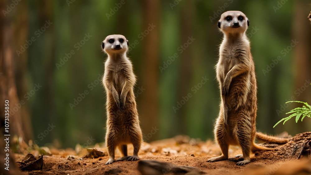 Fototapeta premium Meerkat standing up in vibrant forest, Ai Generated
