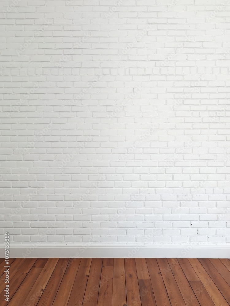 White brick wall with a smooth texture background contrasting against a warm wooden floor in a loft setting, rustic White brick wall with a smooth texture background contrasting against a warm wooden floor in a loft setting, rustic