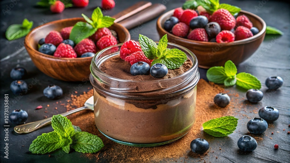 A decadent, plant-based chocolate mousse topped with a dusting of cocoa powder, fresh mint leaves, and a few berries, served in an elegant glass jar A decadent, plant-based chocolate mousse topped with a dusting of cocoa powder, fresh mint leaves, and a few berries, served in an elegant glass jar