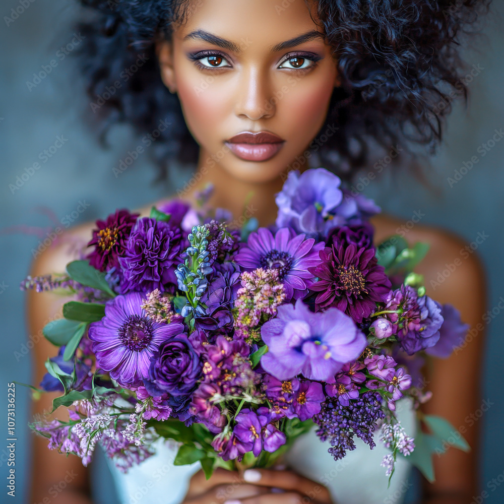 Young black woman holding a vibrant purple flower bouquet, indoors Young black woman holding a vibrant purple flower bouquet, indoors
