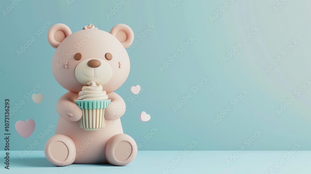 Obraz premium A cartoon teddy bear holding a cupcake with hearts floating in the background.