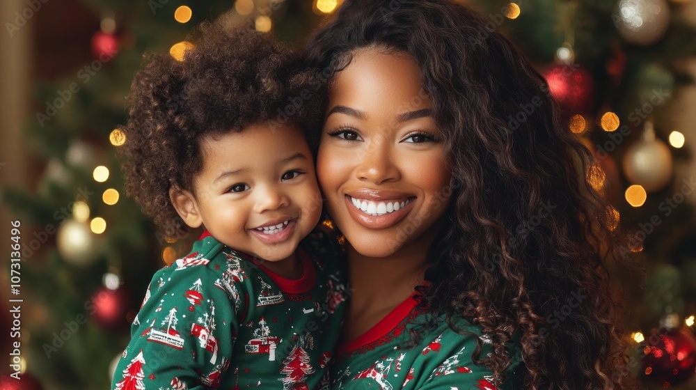A woman and a child are posing for a picture in front of a Christmas tree A woman and a child are posing for a picture in front of a Christmas tree