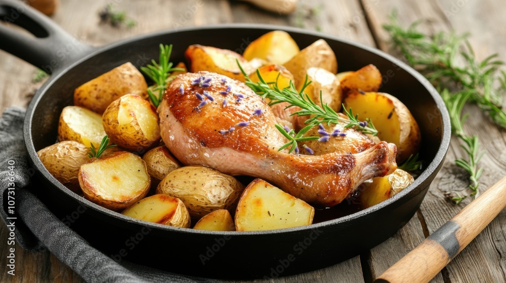Golden-brown roasted chicken leg paired with crispy potatoes and garnished with fresh rosemary in a cast-iron skillet.
Golden-brown roasted chicken leg paired with crispy potatoes and garnished with fresh rosemary in a cast-iron skillet.