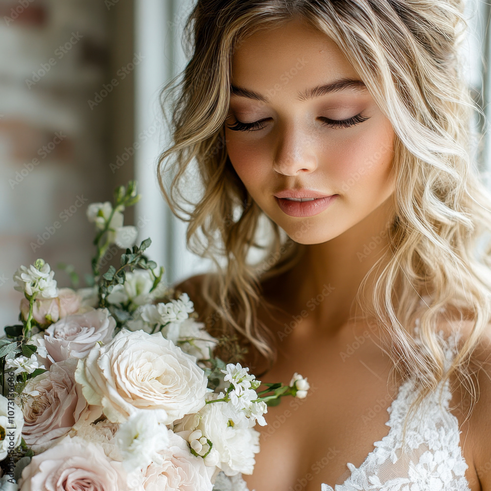 Obraz premium Young woman in bridal gown holding bouquet, serene indoors scene, daytime