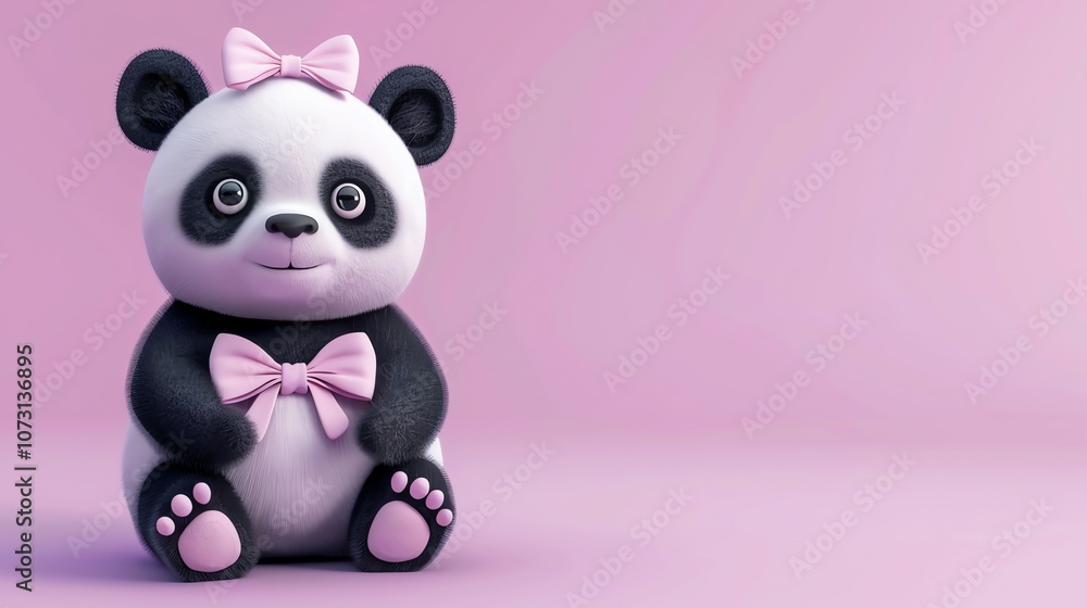 Fototapeta premium A cartoon panda with a pink bow on a pink background.