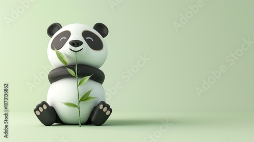 A cartoon panda holding bamboo on a green background. photo