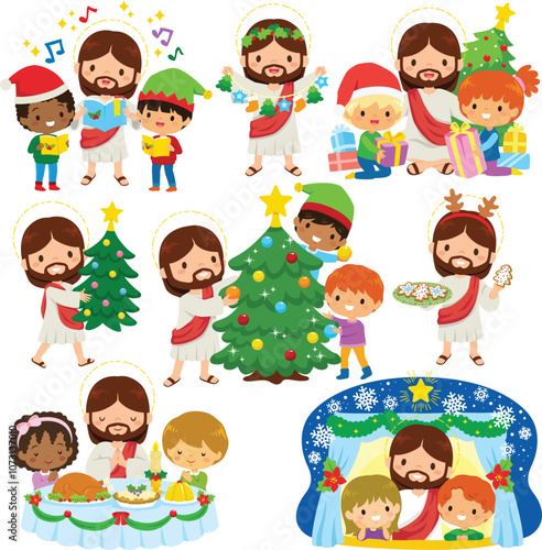 Christmas with Jesus and Kids Clipart Set – Children Celebrating Christmas with Jesus in a Christian Spirit