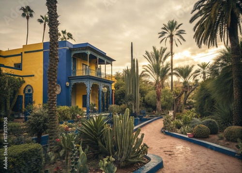 Vibrant Yellow and Blue Colors in Majorelle Garden, Marrakech: A Vintage Style Photography Experience of Exotic Flora and Serene Atmosphere in Morocco's Iconic Oasis